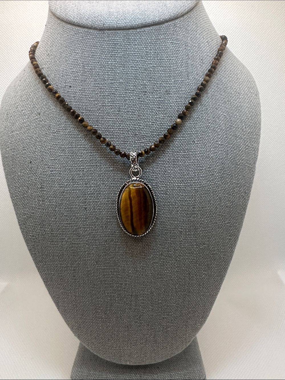 Genuine Tiger’s Eye Silver Plated Pendant and Tiger’s Eye Beaded Necklace